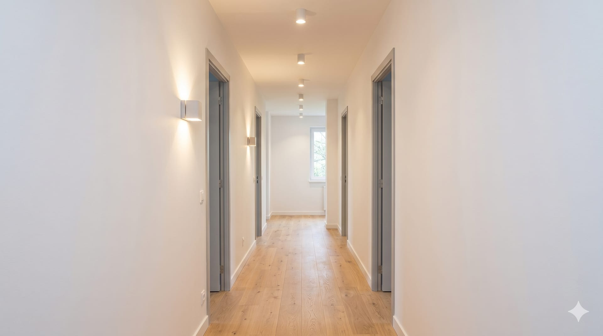 Couloir clair et lumineux après passage en éclairage LED