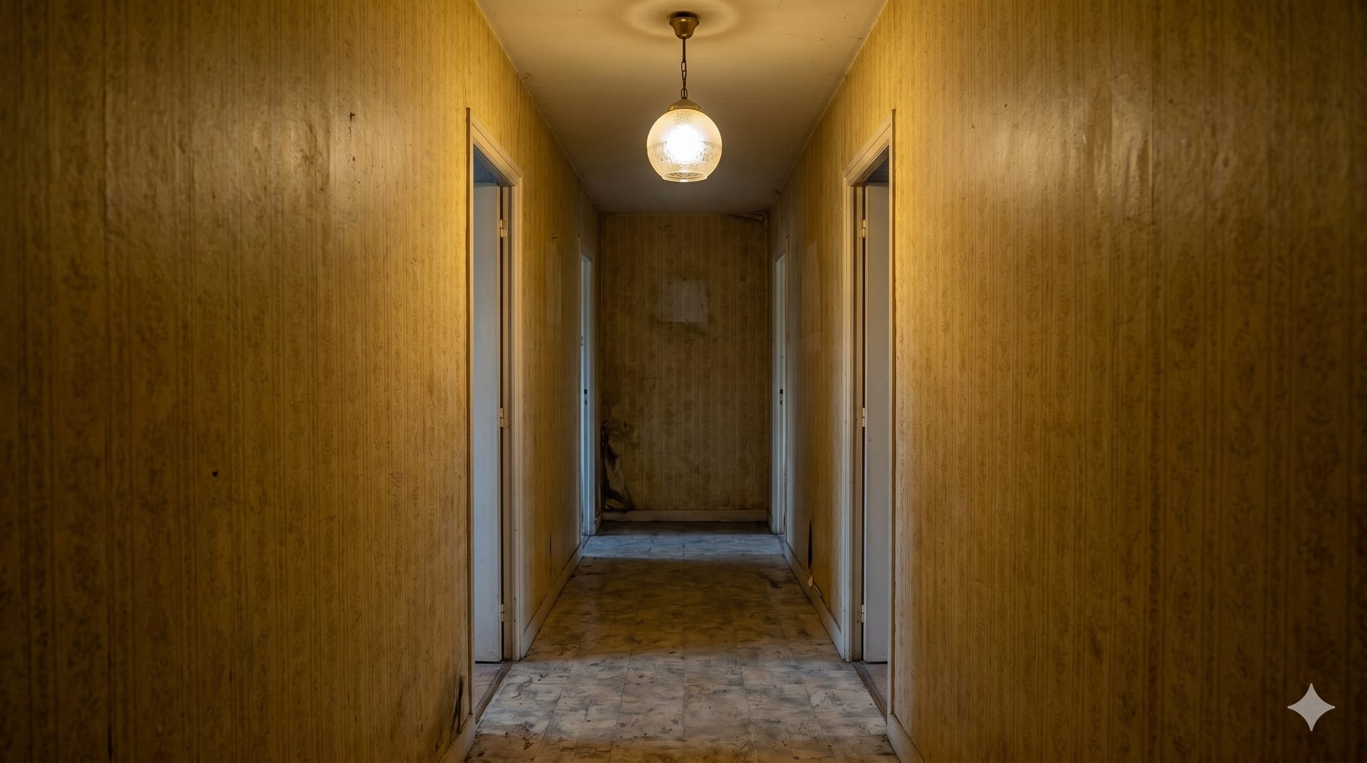 Couloir sombre au vieil éclairage avant rénovation