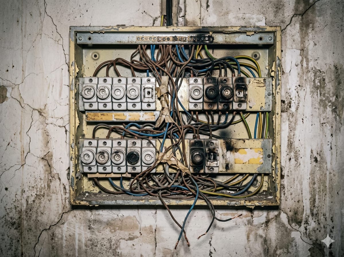 Ancien tableau électrique vétuste avant mise aux normes
